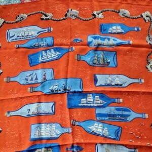 Hermes Boutellies a La Mer Orange and Blue Silk Scarf, Signed P Peron